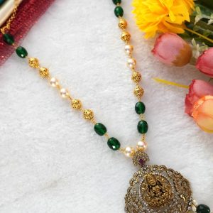 GREEN BEADS KAMBI MALA WITH LAKSHMI PENDANT