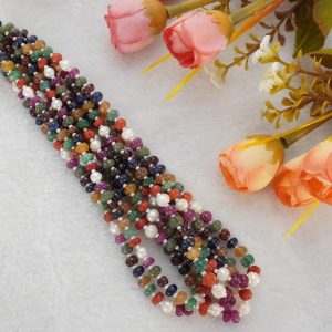 Navarathna Pumpkin Beads 6mm – 9-Gemstone Carved Beads Strand for Spiritual & Ethnic Jewellery