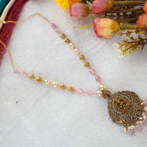 PINK BEADS KAMBI MALA WITH LAKSHMI PENDANT