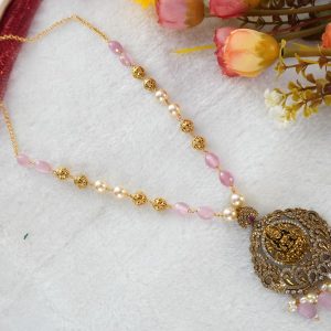 PINK BEADS KAMBI MALA WITH LAKSHMI PENDANT