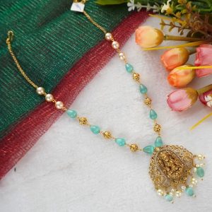 PISTA GREEN DROPSHAPE BEADS KAMBI MALA WITH LAKSHMI LOCKET