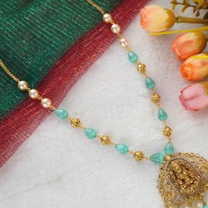 PISTA GREEN DROPSHAPE BEADS KAMBI MALA WITH LAKSHMI LOCKET