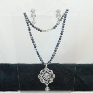 Grey Pearls with Zircon Rhodium Locket Set