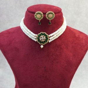 Pearls 3 Rows Green and White Chocker Set