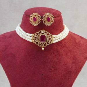 Pearls 3 Rows with Red and White Choker Set