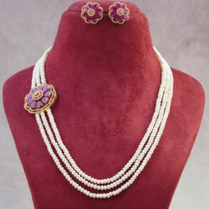 Pearls with Red and White Stone Mogappu 3 Rows