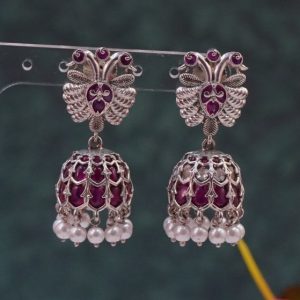 Silver Kempu Stone Jhumki