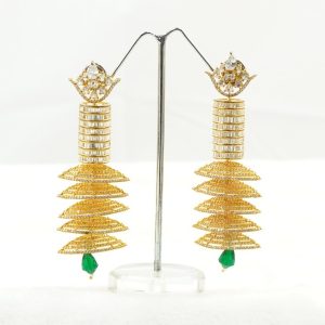 White Stone Green drops Long Ear Hangings
