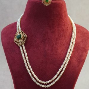 Two-Row Pearl Necklace with Green and White Mogappu