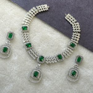 GREEN AND CZ RH NECKLACE SET
