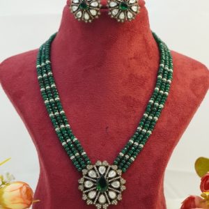 Green Beads with white stone Spacers and Victorian Locket Set