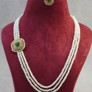 Pearls with Green and White Stone Pendant set Mala