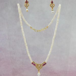 Pearls with Red and White Stone Locket Set