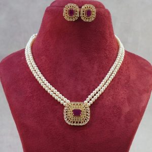 Pink Pearl 2 Rows Necklace with Red & White Stone Locket