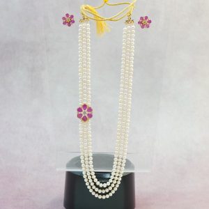 Round Pearls 3 Rows Red and White Stone Mogappu Set