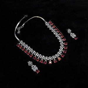 Elegant Red and CZ RH Necklace Set